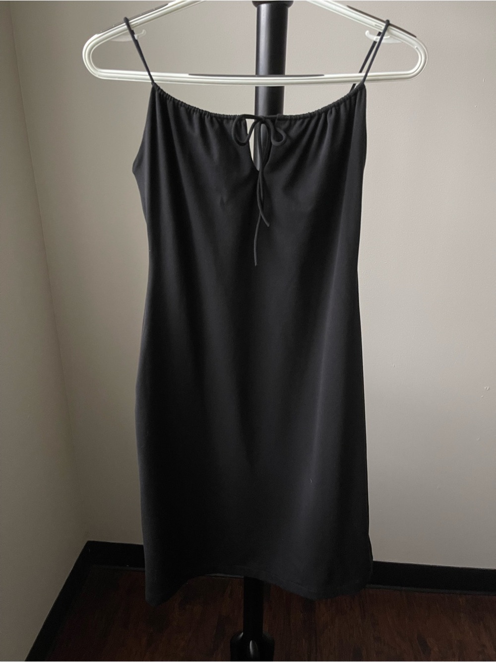SUSANA MÓNACO Classic Black Spaghetti-Strap Mini Dress front ruffle Size Small